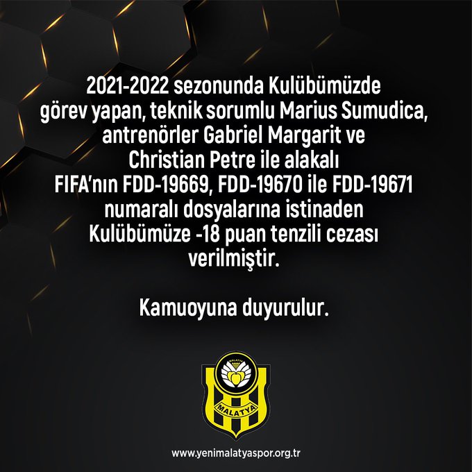 Yeni Malatyaspor'a Bir Darbe de FIFA'dan -18 Puan Ceza