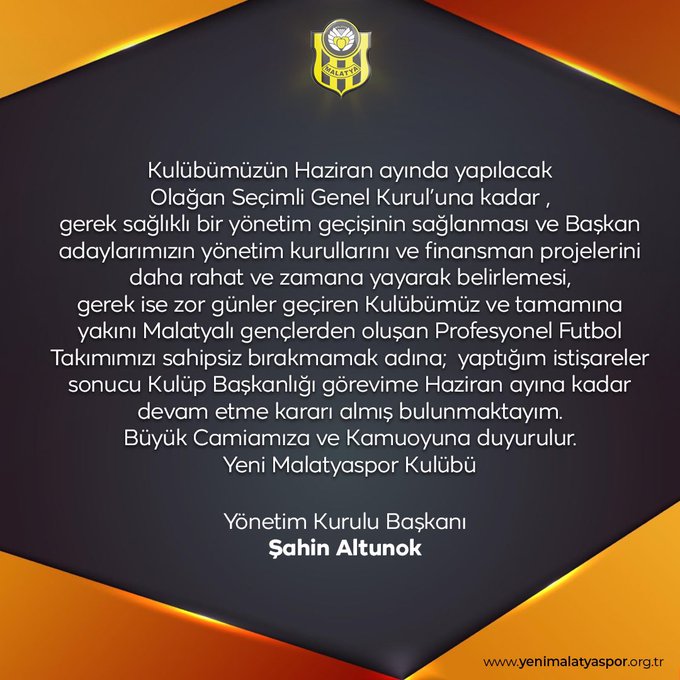 Şahin Altunok Yeni Malatyaspor Başkanlığına Geri Döndü