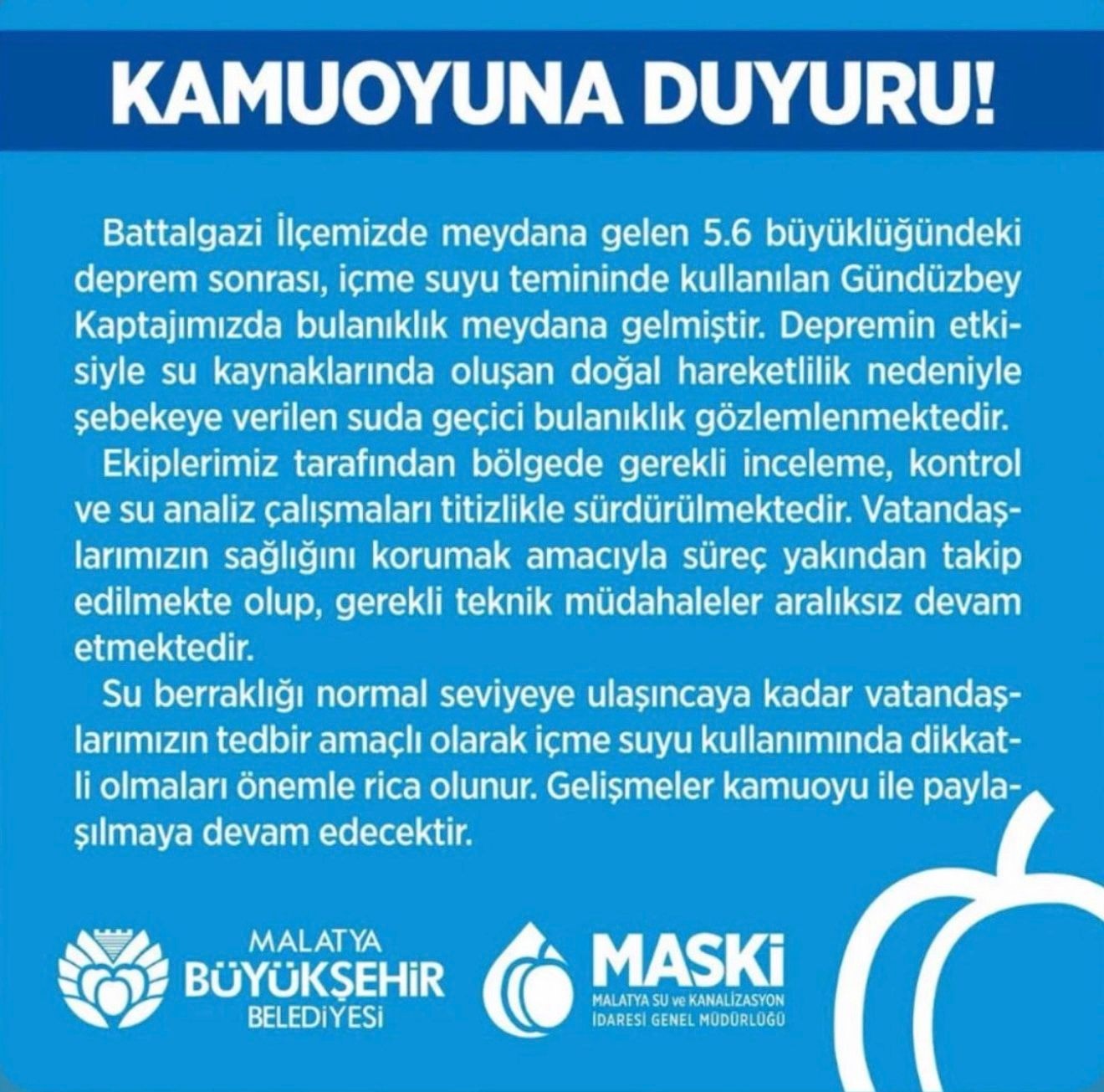 MASKİ,İçme Suyunda Yaşanan Bulanıklığa Dikkat Çekti