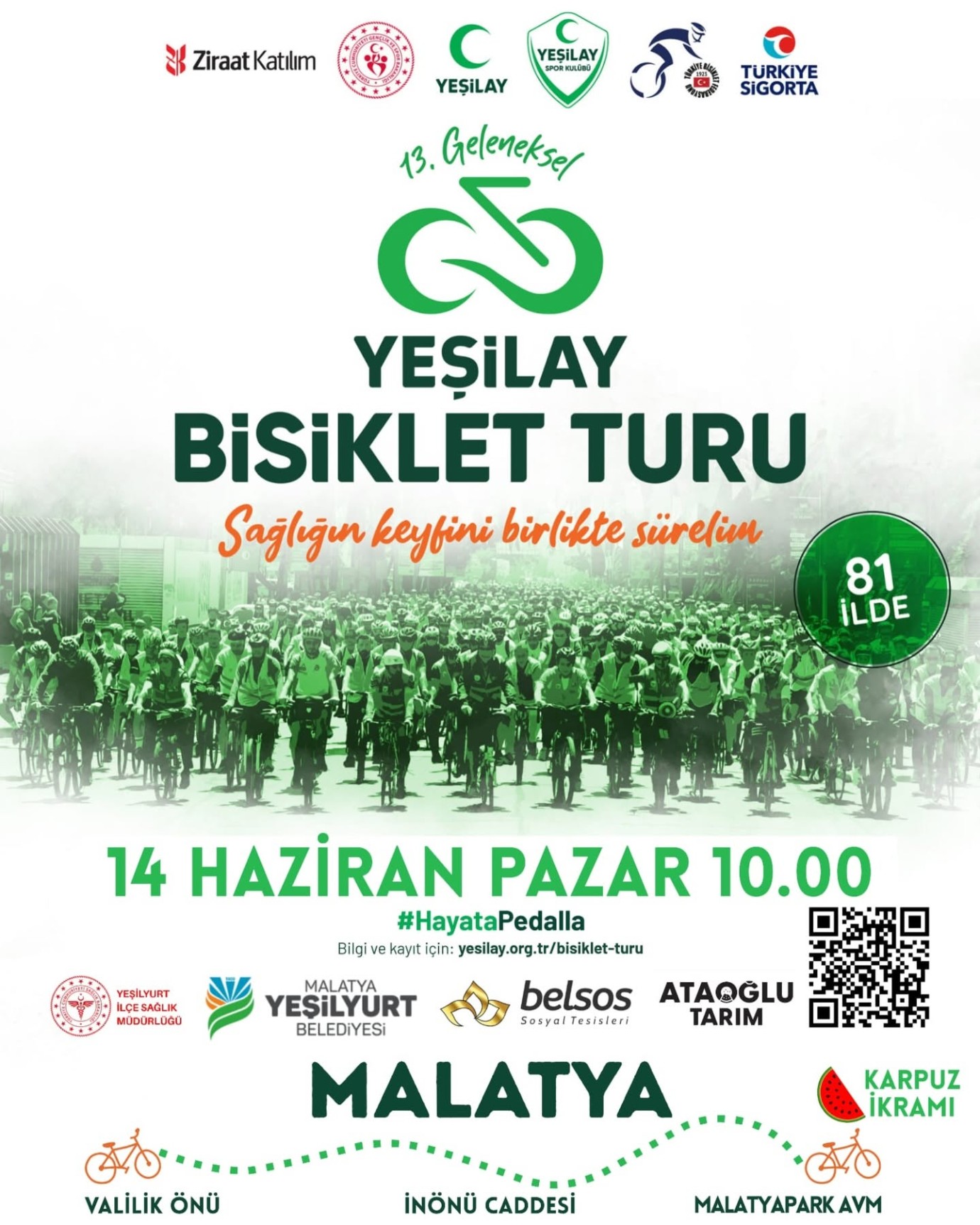 Malatya'da 13. Geleneksel Yeşilay Bisiklet Turu Etkinliği Düzenlenecek