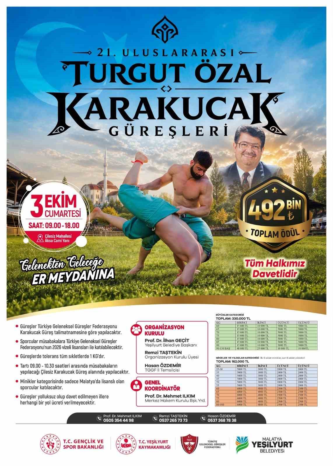 Malatya'da 21.Uluslararası Turgut Özal Karakucak Güreşleri Düzenlenecek
