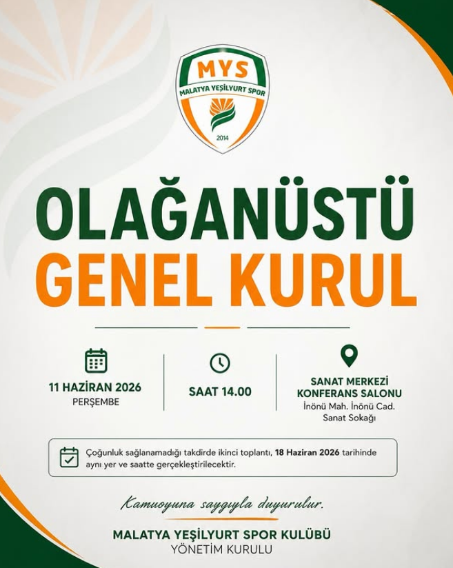 Malatya Yeşilyurt Spor Kulübü Olağanüstü Genel Kurula Gidiyor